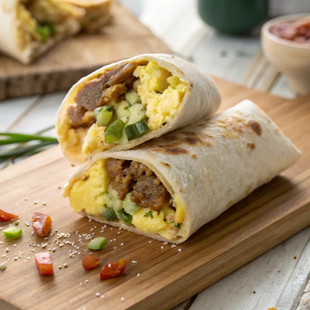 A close-up shot of a McDonald's-style breakfast burrito, cut in half to reveal scrambled eggs, sausage, melted cheese, green chilies, and onions wrapped in a soft flour tortilla. The burrito is placed on a wooden cutting board with a rustic background.