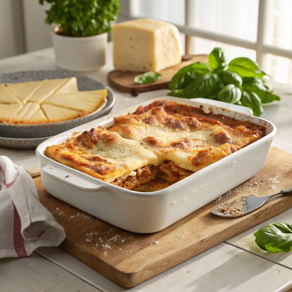 A freshly baked Barilla lasagna with golden, bubbly cheese in a white ceramic dish, placed on a wooden kitchen counter with natural lighting.