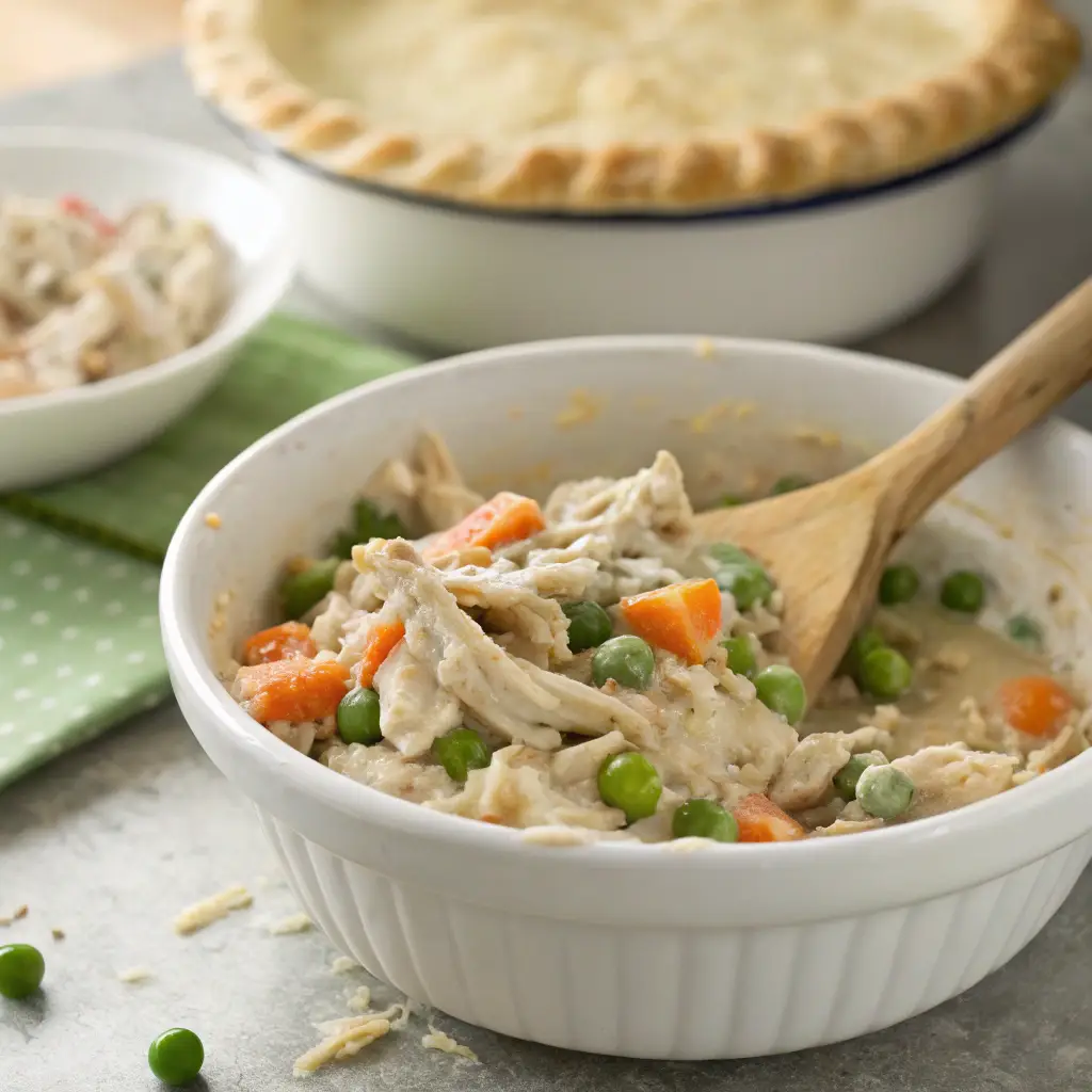 A close-up of a chicken pot pie with cream of chicken soup filling being stirred in a bowl, with a pie crust ready in the background, capturing the cooking process in a home kitchen.