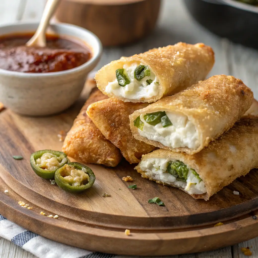 Golden-brown crispy egg rolls filled with creamy goat cheese and diced jalapeños, served on a rustic wooden plate with a side of chipotle mayo dipping sauce. The egg rolls are cut in half, revealing the gooey cheese and vibrant green jalapeños inside.