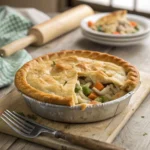 A homemade chicken pot pie with a golden-brown crust, slightly open to reveal a creamy chicken and vegetable filling, resting on a wooden countertop in a cozy kitchen setting.