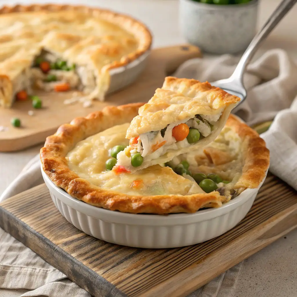 A freshly baked chicken pot pie recipe with cream of chicken soup with a golden crust, slightly cut open to reveal a creamy chicken and vegetable filling, with a pie server lifting a warm slice in a cozy kitchen setting.