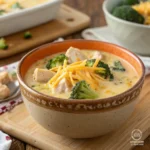 A creamy bowl of chicken broccoli cheddar soup with melted cheddar on top, tender chicken pieces, and fresh broccoli florets, served in a rustic ceramic bowl on a wooden kitchen counter.