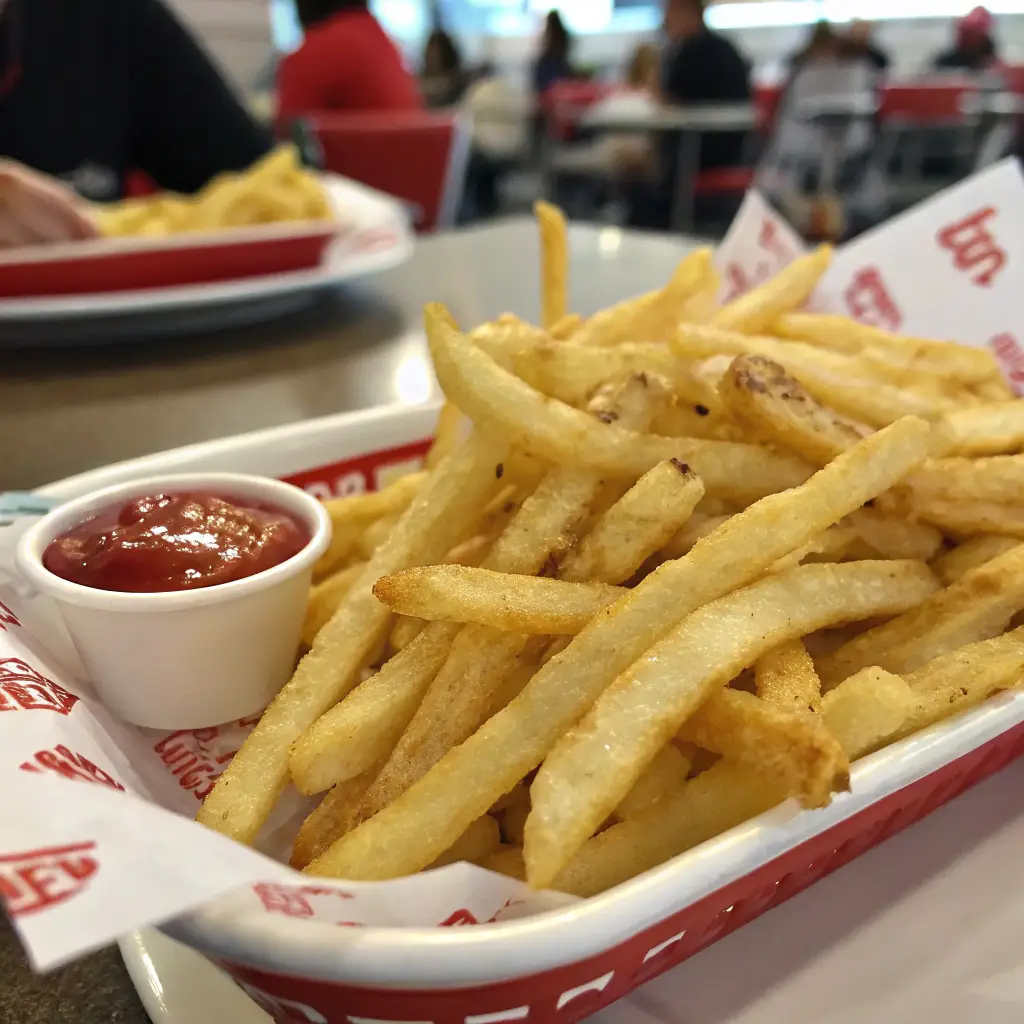 A close-up shot of a serving of Steak 'n Shake’s freshly fried shoestring fries, golden and crispy, piled high in a red-and-white classic fast-food tray. The fries glisten slightly, showing their rich, tallow-fried texture, with a small container of ketchup on the side. The background is blurred, with a casual dining setting. The lighting is natural, and the image has an amateur feel, as if taken with an iPhone 15 Pro and shared on Reddit. No text, no watermarks, just an appetizing, real-world shot