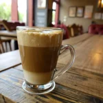 A rich and creamy breve coffee in a clear glass mug, with velvety foam on top. The mug sits on a rustic wooden table in a cozy café setting, with soft natural lighting highlighting the smooth texture of the steamed half-and-half blending into the espresso.