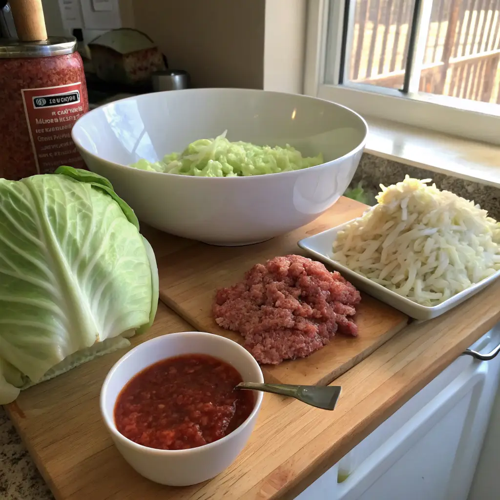 Chopped fresh cabbage, raw ground turkey, uncooked rice, and a bowl of tomato sauce arranged on a wooden countertop. These fresh ingredients are essential for making the best turkey cabbage casserole recipe with rice at home.