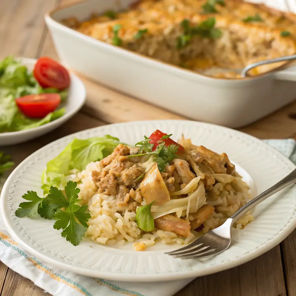 A warm serving of turkey cabbage casserole with rice on a white plate, garnished with fresh parsley. A crisp side salad with lettuce and cherry tomatoes sits next to it. In the background, the main casserole dish is partially visible with a serving spoon inside, adding to the inviting homemade atmosphere.