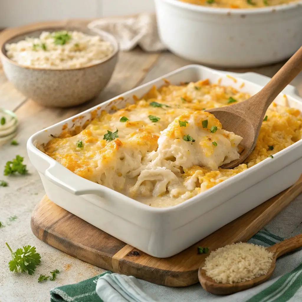 A freshly baked Campbell’s Cheesy Chicken and Rice Casserole in a white ceramic dish, with golden melted cheese bubbling on top and a wooden spoon scooping a creamy, cheesy portion.