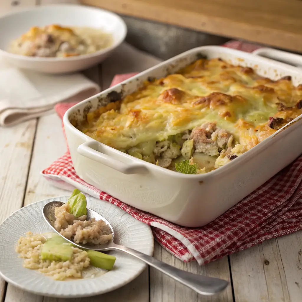 A freshly baked best turkey cabbage casserole recipe with rice in a white ceramic dish, featuring a crispy golden top and tender layers of turkey, cabbage, and rice. A steaming portion is served on a plate, placed on a wooden table for a cozy homemade feel.