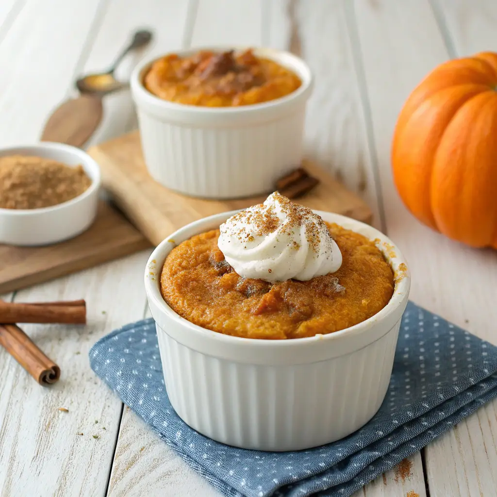 Freshly made No Egg Fresh Pumpkin Recipes Dessert Microwavable in a white ramekin topped with whipped cream and cinnamon.