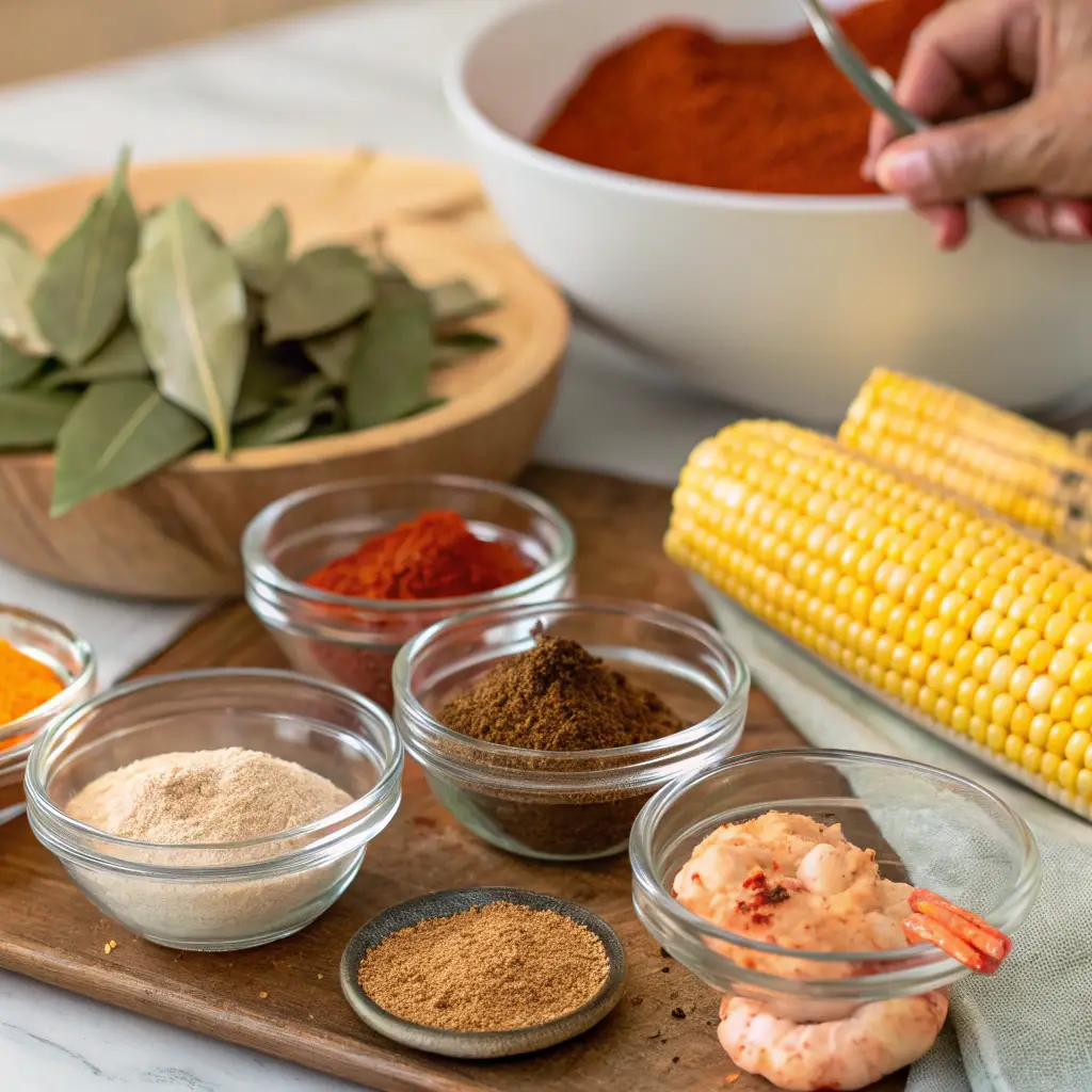 A home kitchen setup with small bowls of seafood boil seasoning ingredients, including cayenne pepper, paprika, garlic powder, onion powder, bay leaves, and mustard seeds. A hand is mixing the spices in a glass jar, with fresh shrimp and corn visible in the background.