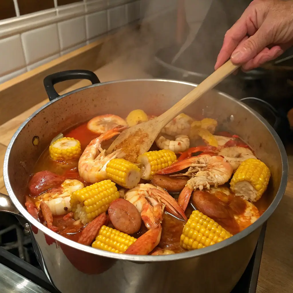 A large pot of seafood boil with shrimp, crab legs, corn, and sausage simmering in a spicy broth. Steam rises as a hand stirs the ingredients with a wooden spoon.