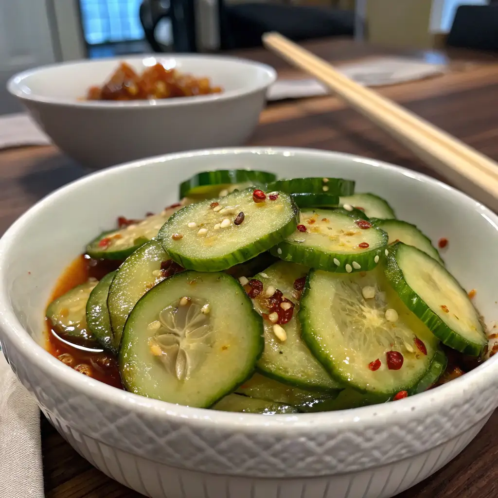 A freshly prepared Din Tai Fung cucumber salad in a white ceramic bowl, featuring thick cucumber slices coated in a glossy soy sauce-based marinade with garlic, chili oil, and toasted sesame seeds. Captured in natural lighting on a dark wooden table, with a blurred home kitchen in the background.