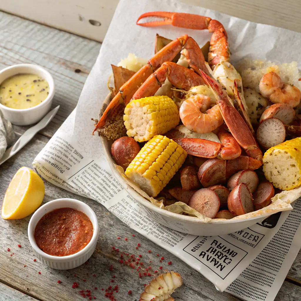 A steaming seafood boil with shrimp, crab legs, corn on the cob, red potatoes, and smoked sausage, served on a rustic wooden table with newspaper lining. The dish is generously seasoned, with melted butter and lemon wedges on the side