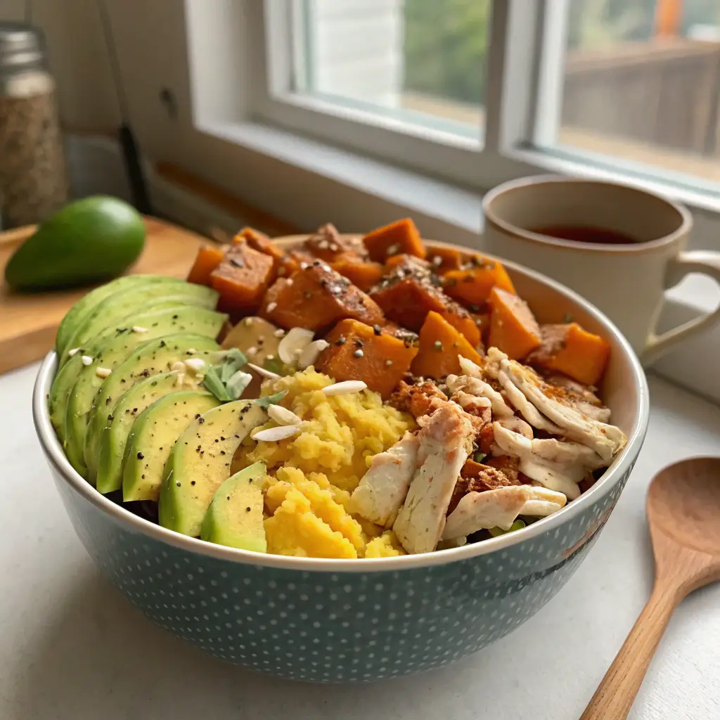 A colorful Chicken breakfast recipes bowl , scrambled eggs, roasted sweet potatoes, and avocado, topped with hot sauce and sesame seeds.