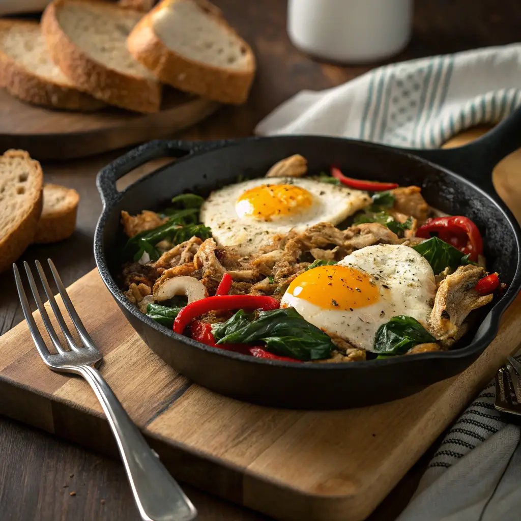 A sizzling skillet with shredded chicken, sautéed bell peppers, spinach, mushrooms, and sunny-side-up eggs, served with whole wheat toast.