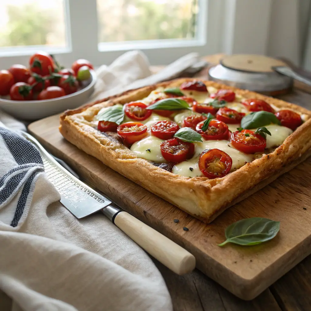 Golden-brown puff pastry tart topped with roasted cherry tomatoes, fresh basil, and melted mozzarella on a wooden board.