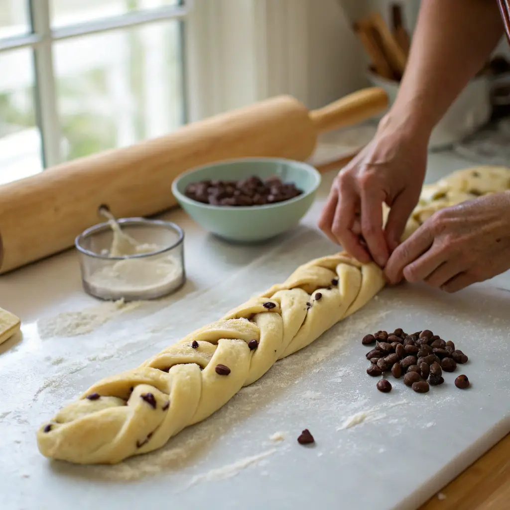 Hands braiding chocolate chip brioche dough on a floured surface, with chocolate chips embedded and a rolling pin in the background.