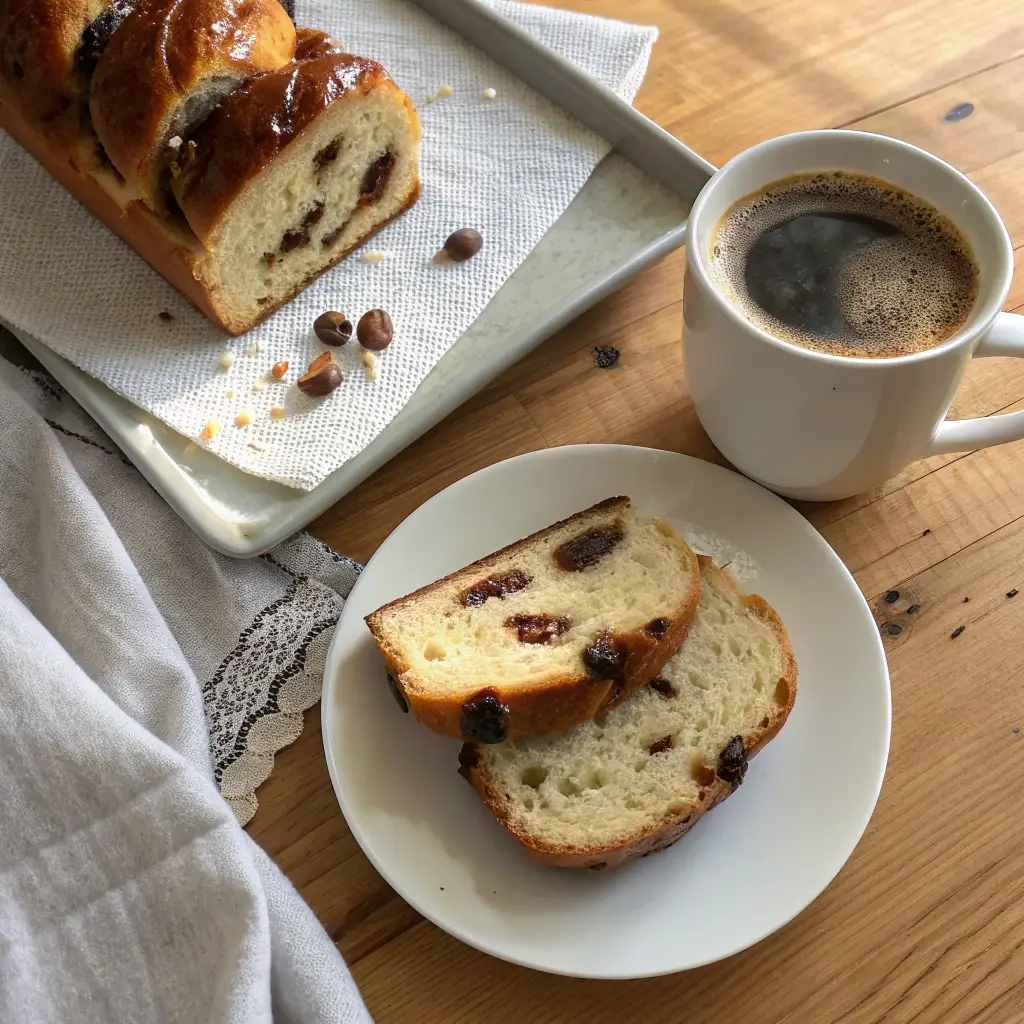 Sliced braided chocolate chip brioche on a white plate next to a steaming cup of coffee, with visible soft texture and melted chocolate chips.