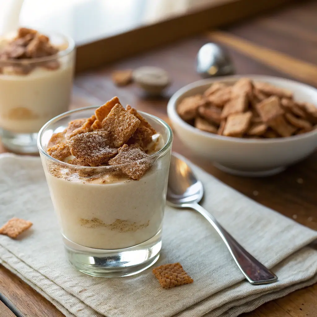 A close-up of a Cinnamon Toast Crunch Shot in a small glass, topped with crushed cereal and cinnamon powder, placed on a wooden table in a cozy kitchen setting.