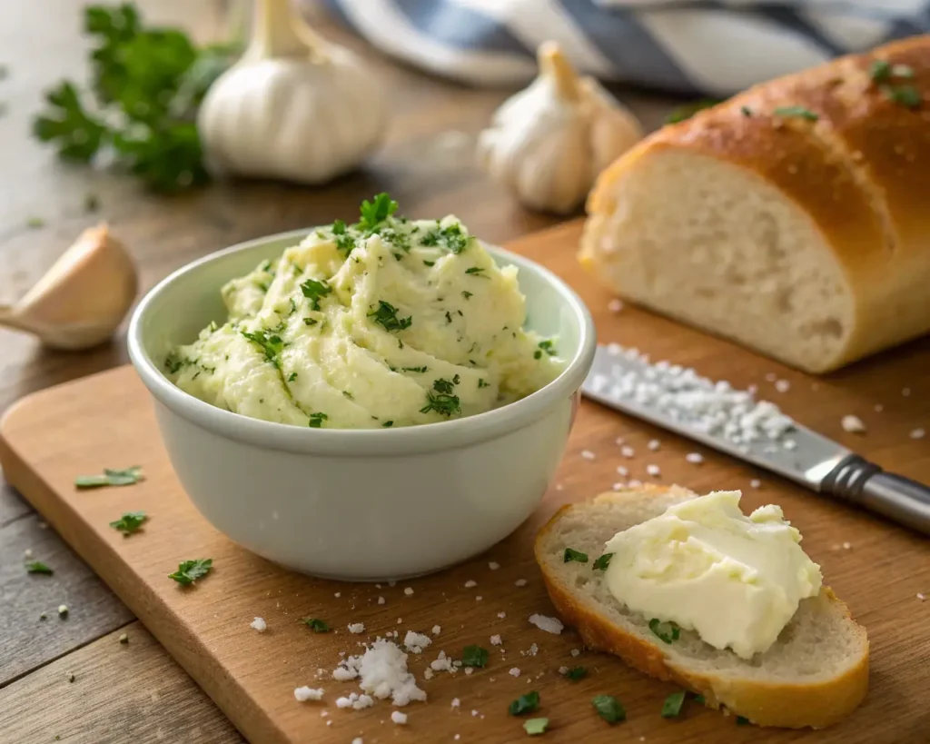 Close-up of homemade garlic butter preparation with minced garlic and parsley, ready to spread on regular bread.