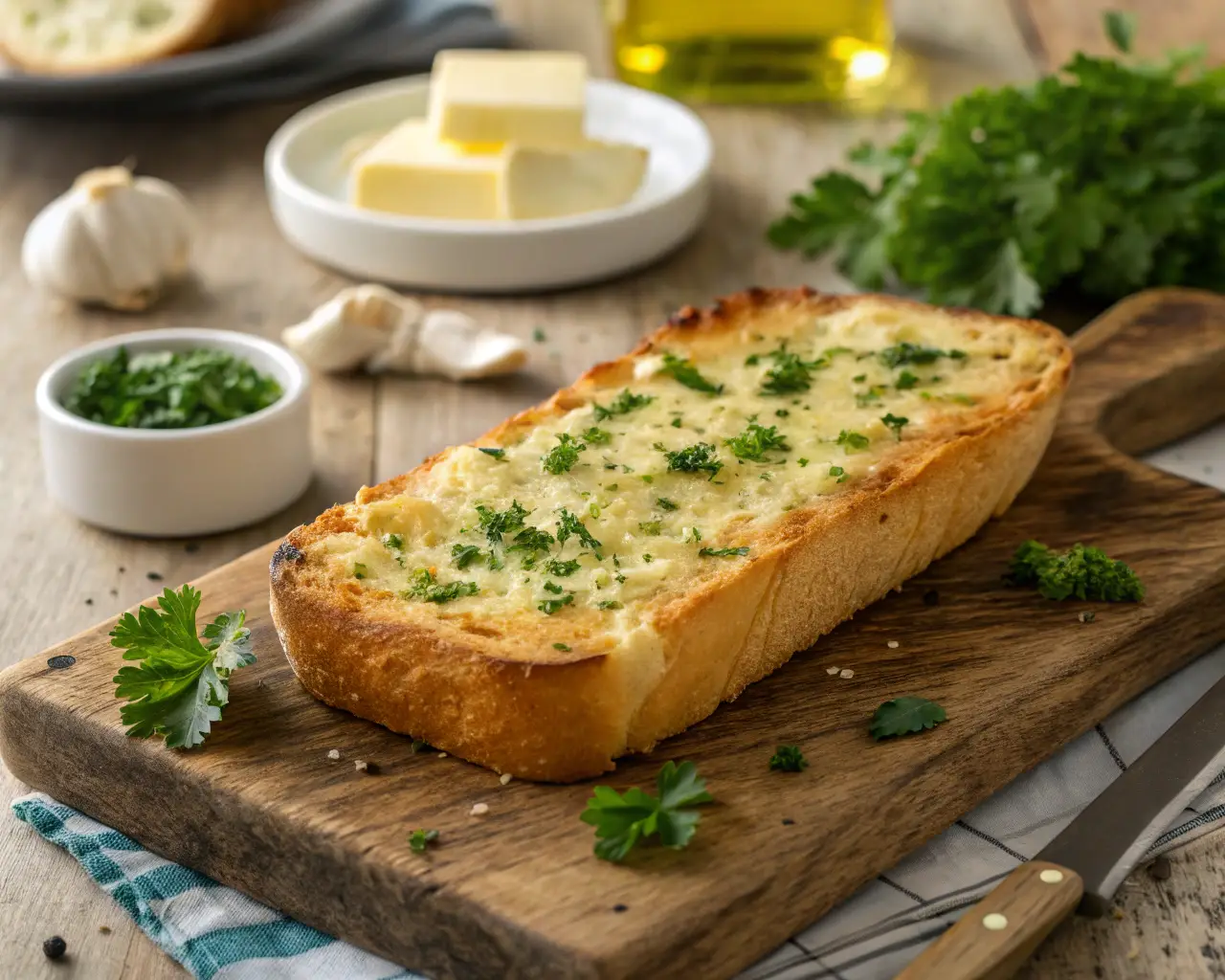 Golden crispy garlic bread made with regular bread, topped with parsley and butter, fresh from the oven.