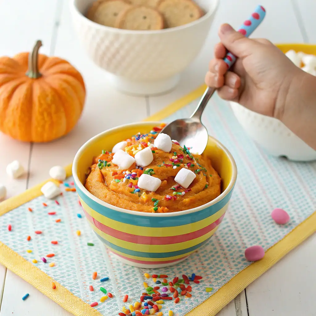Kid-friendly No Egg Fresh Pumpkin Recipes Dessert Microwavable topped with sprinkles and mini marshmallows on a colorful placemat.
