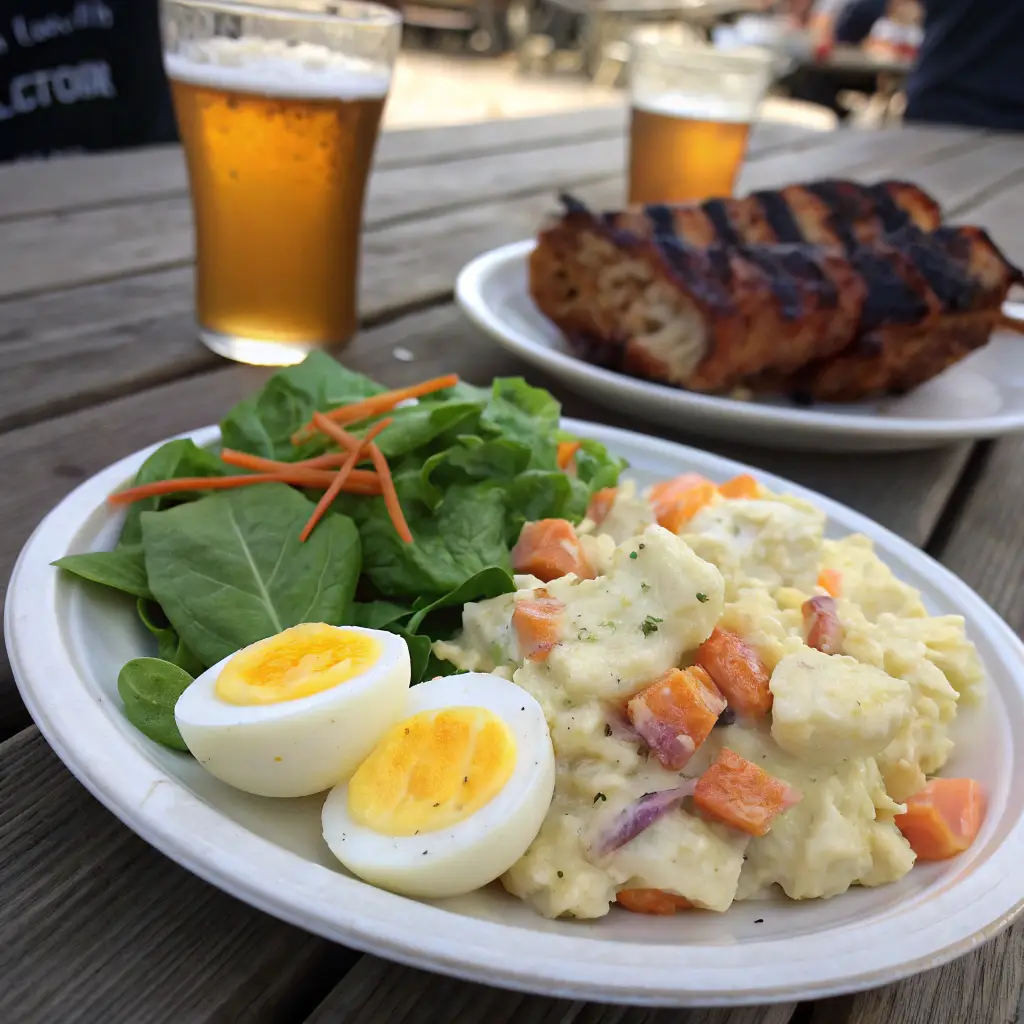 A plate of creamy classic potato salad with egg and carrot, served alongside grilled BBQ chicken and a fresh green salad on a picnic table.