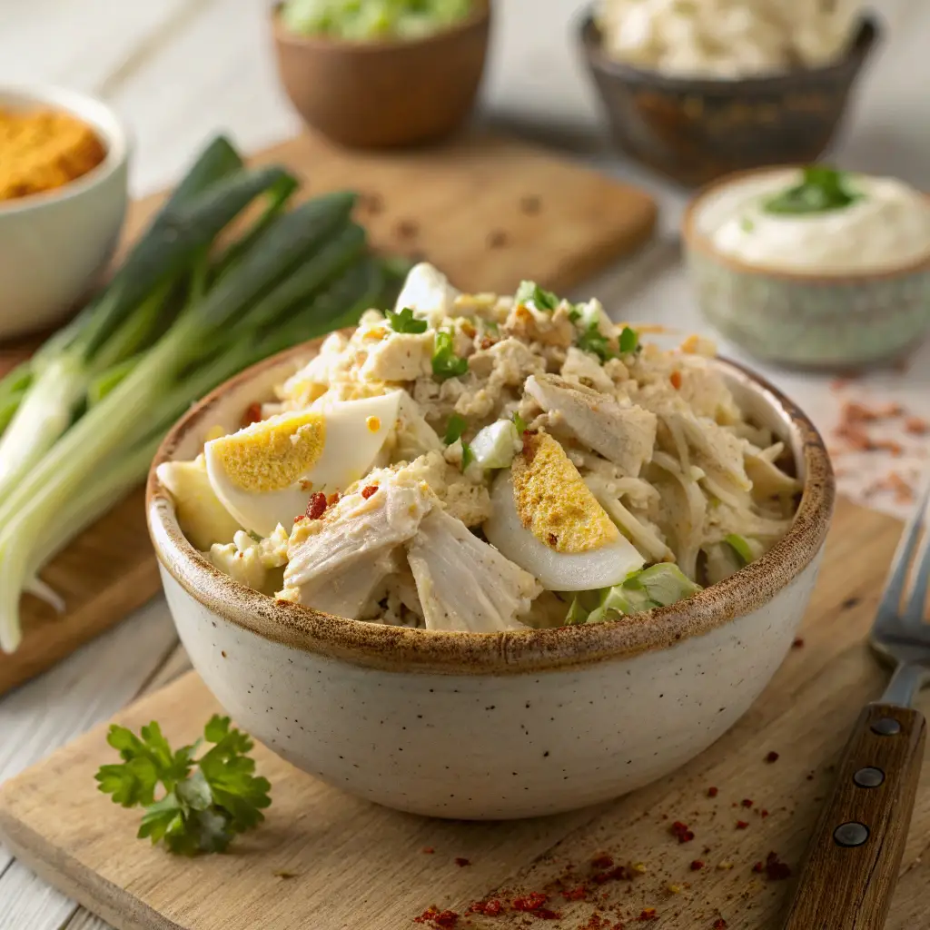 A freshly made chicken and egg salad in a rustic ceramic bowl, featuring shredded chicken, chopped hard-boiled eggs, diced celery, and a creamy dressing, garnished with parsley and paprika on a wooden countertop.