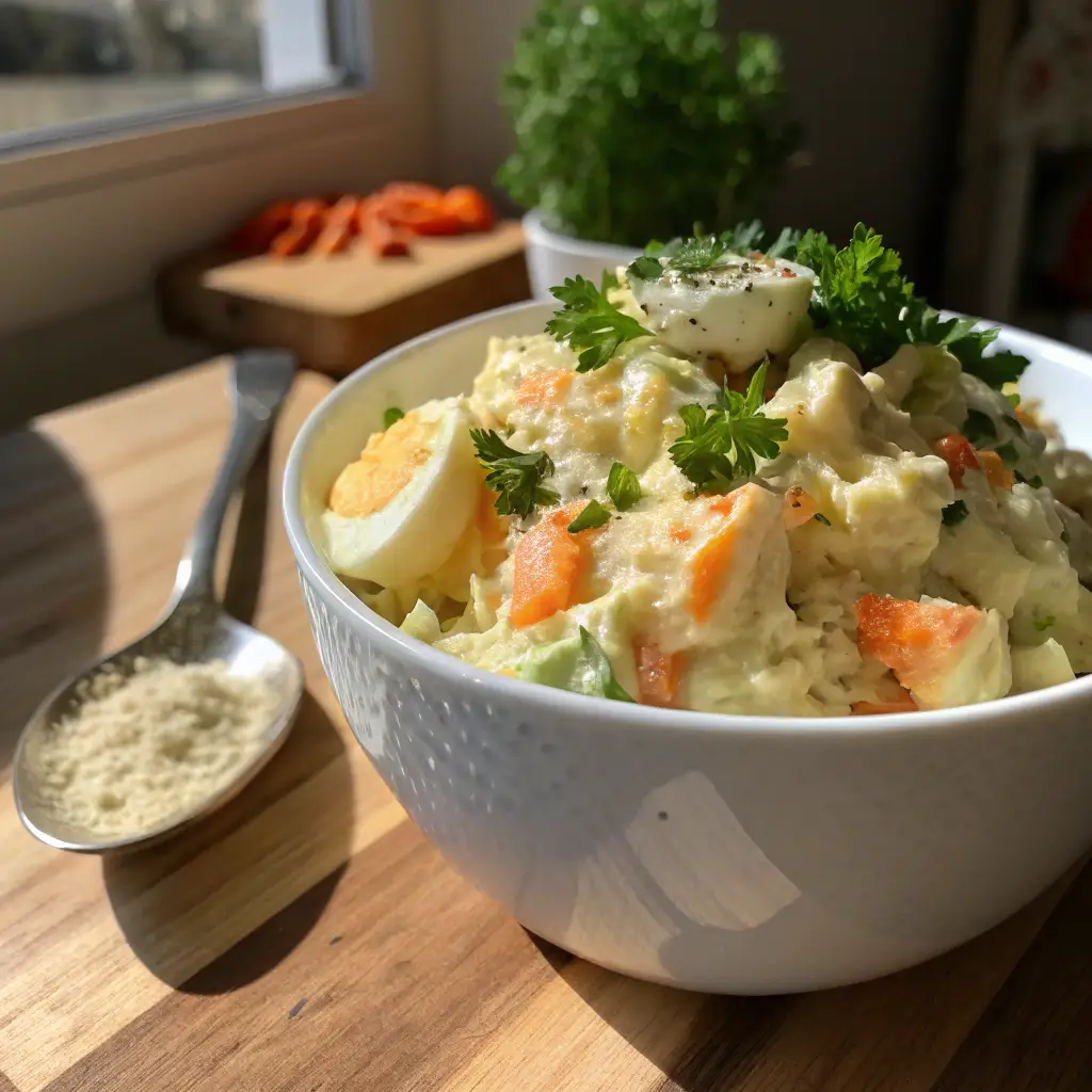 A bowl of homemade classic potato salad with egg and carrot, garnished with parsley and paprika, sitting on a wooden kitchen counter.