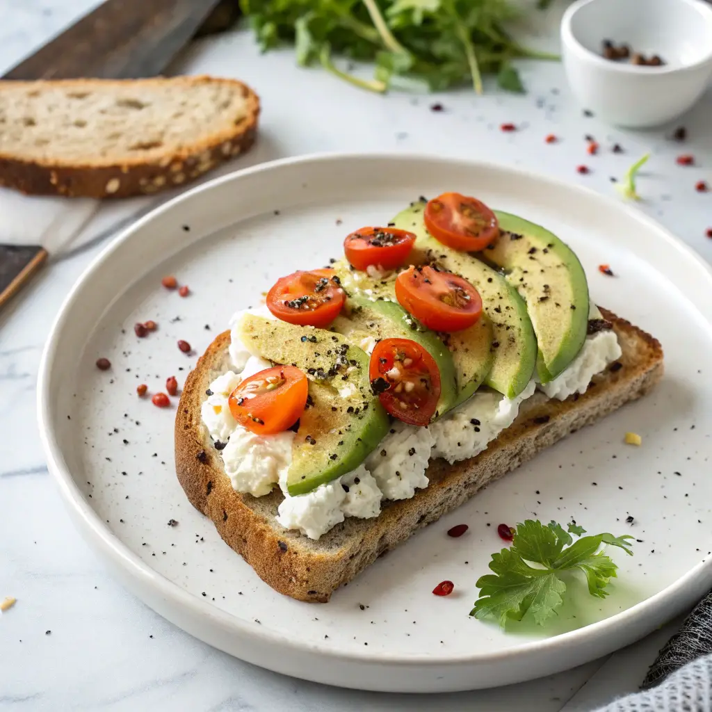 A crispy slice of sourdough toast with creamy cottage cheese, fresh avocado slices, cherry tomatoes, and a sprinkle of black pepper, served on a white ceramic plate with mixed greens.