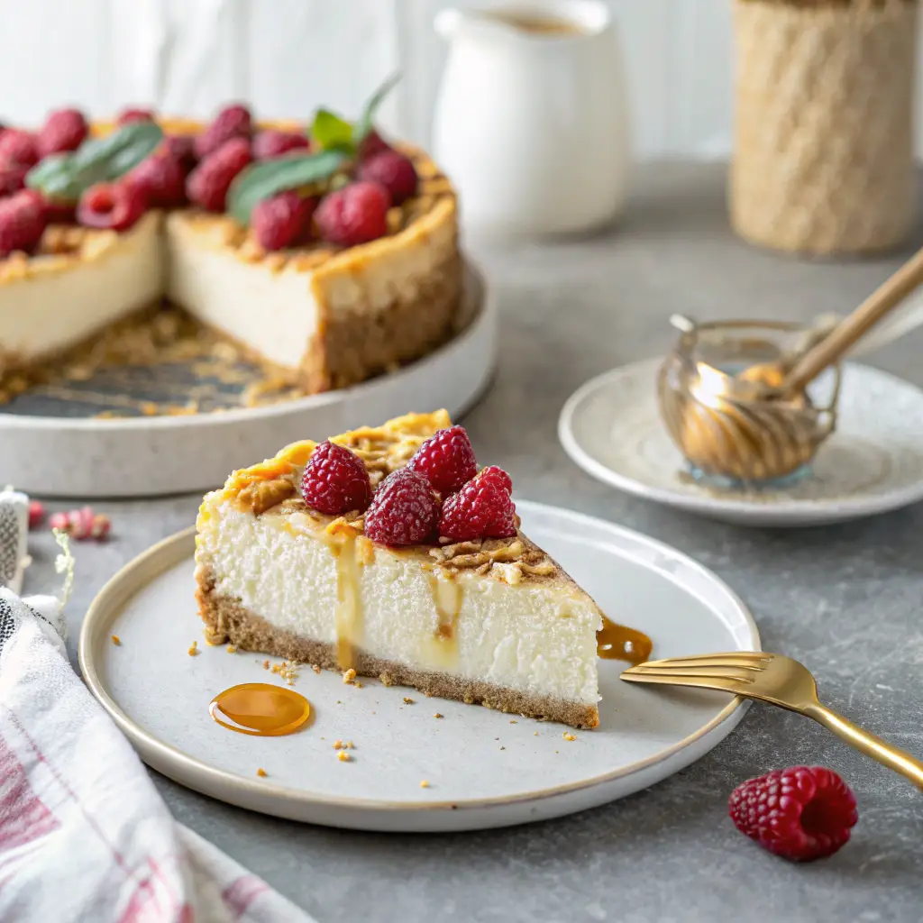 A slice of homemade cottage cheese cheesecake with a golden graham cracker crust, topped with fresh raspberries and a drizzle of honey, served on a white plate with a gold dessert fork.