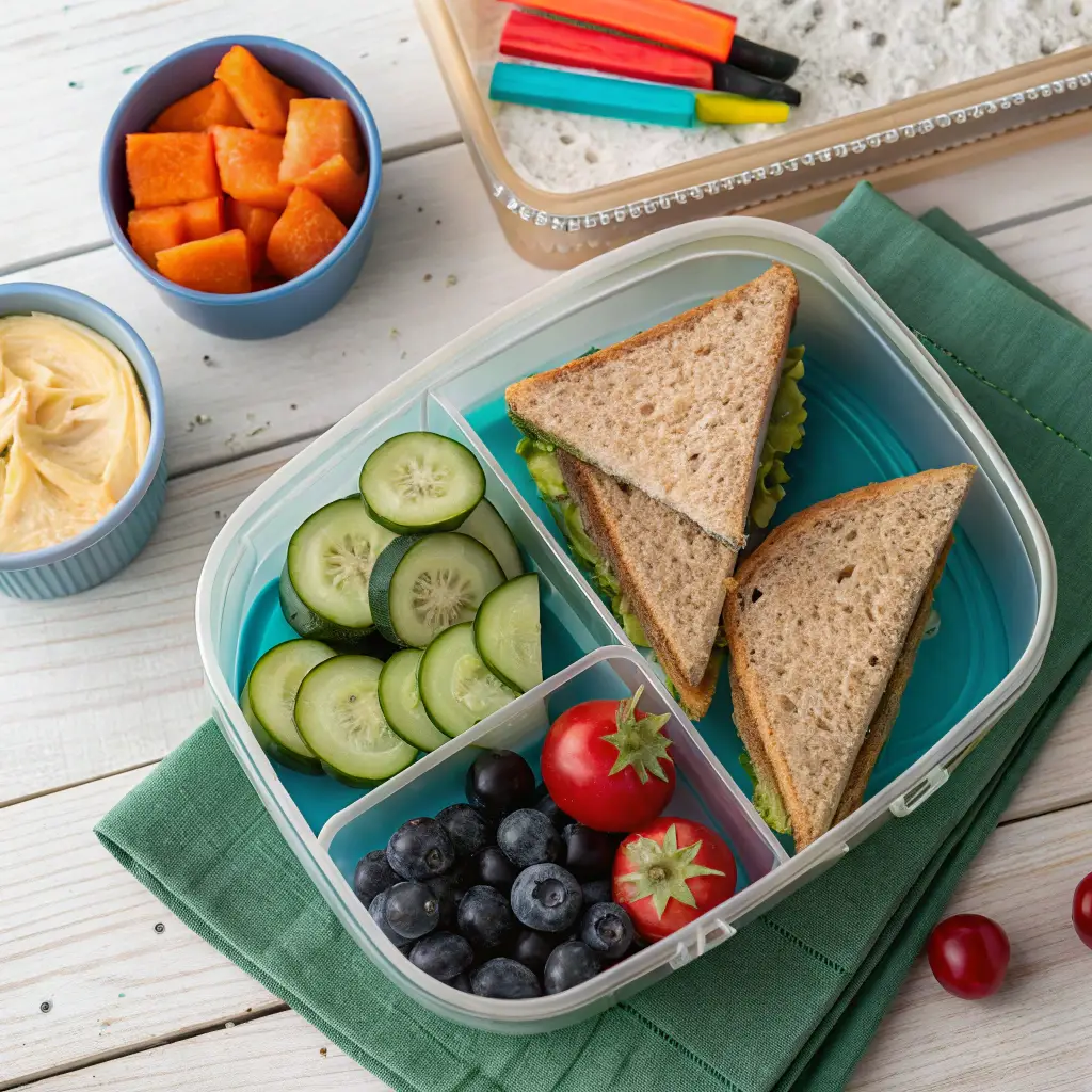 A colorful bento box filled with a toddler-friendly lunch, including whole wheat sandwich triangles, sliced cucumbers, cherry tomatoes, cheese cubes, blueberries, and a small container of hummus. The meal is neatly arranged on a wooden table with natural lighting, giving it a warm and homemade feel.