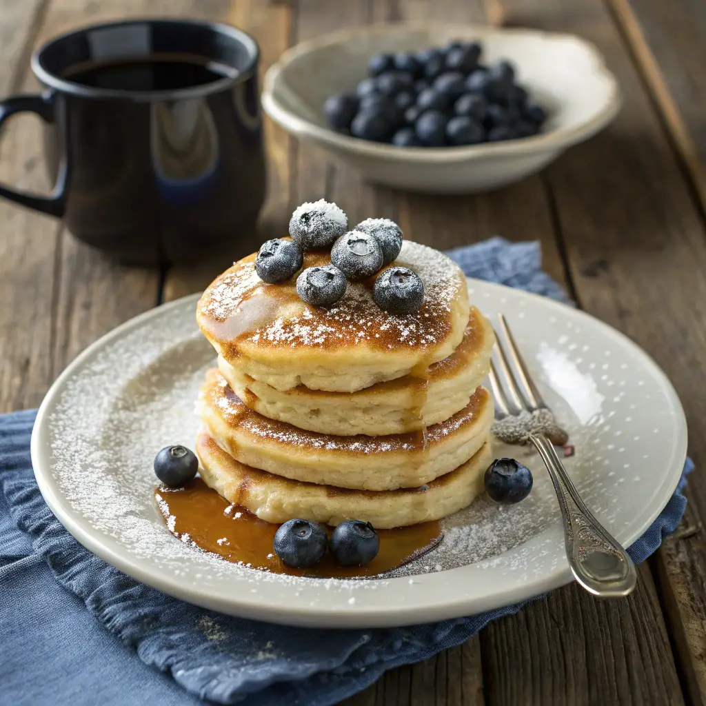 A stack of golden-brown cottage cheese pancakes topped with fresh blueberries and maple syrup, served on a rustic wooden table with a cup of coffee in the background.