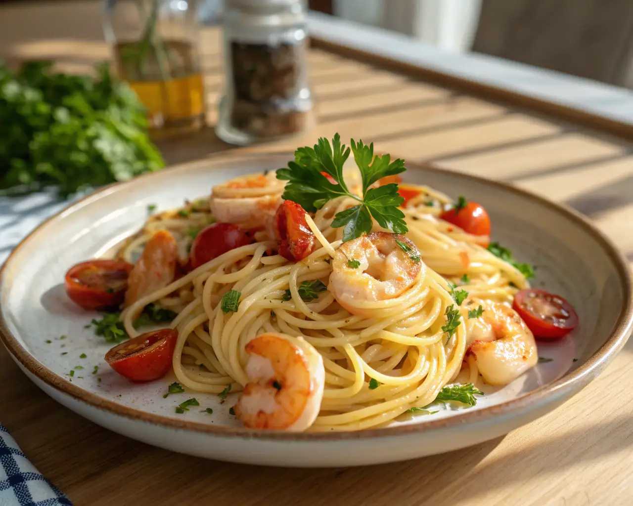 A plate of shrimp spaghetti served with juicy shrimp, cherry tomatoes, and fresh parsley, showcasing a delicious and easy shrimp spaghetti recipe.