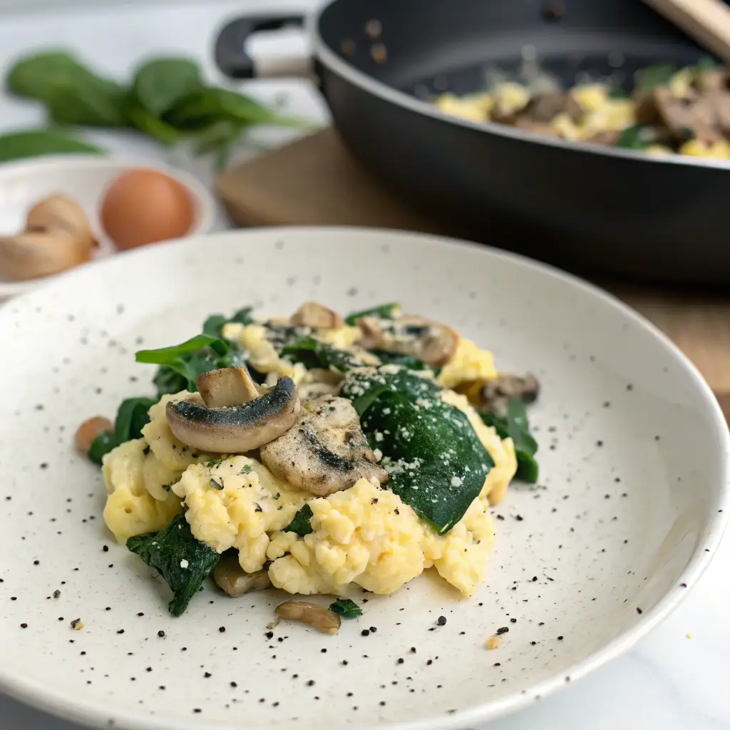 Close-up of low-calorie scrambled egg whites cooked with spinach and mushrooms, served on a white ceramic plate with a sprinkle of black pepper, taken in a clean kitchen setting.