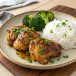 A close-up shot of a finished plate of honey garlic chicken thighs, glazed with a golden sauce, garnished with parsley, and served with steamed broccoli and white rice on a rustic ceramic plate. Warm natural lighting creates a cozy, home-cooked feel.