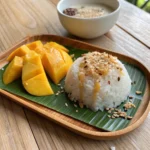 Perfectly cooked sticky rice served with ripe mango slices, drizzled with coconut sauce, and sprinkled with toasted sesame seeds, prepared in a rice cooker.