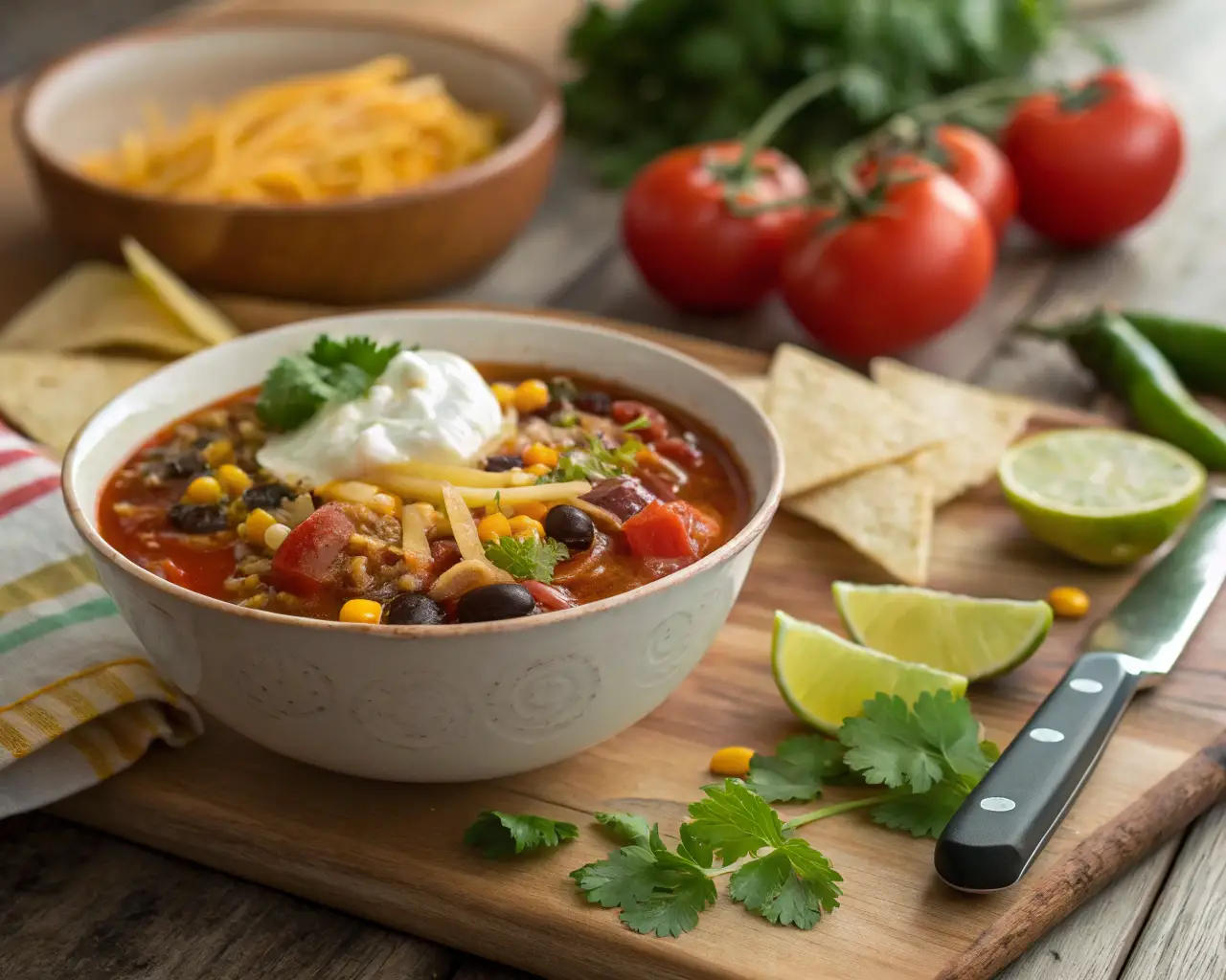 A close-up of a bowl of taco soup frios recipe, topped with melted cheese, sour cream, and fresh cilantro, surrounded by vibrant ingredients like tomatoes, beans, corn, and lime wedges on a rustic wooden table.