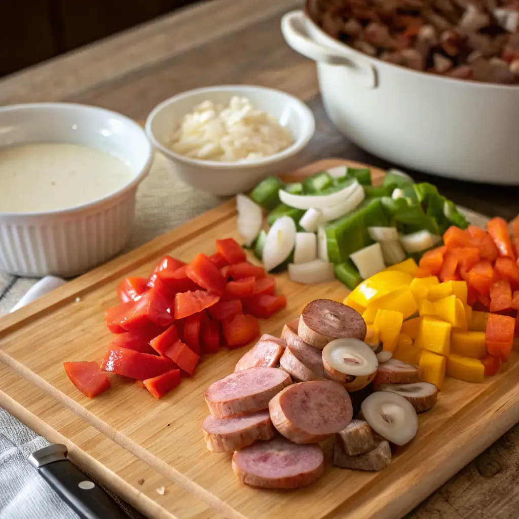 A close-up of sliced sausage, diced bell peppers, mushrooms, onions, and a bowl of creamy white gravy on a wooden cutting board, ready for casserole preparation.
