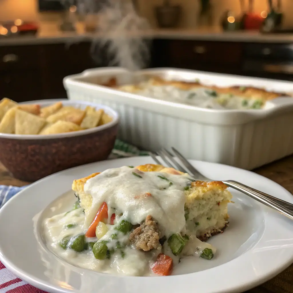 A plate of ccanned white gravy in casserole, topped with a golden crust, served hot with a fork on the side.