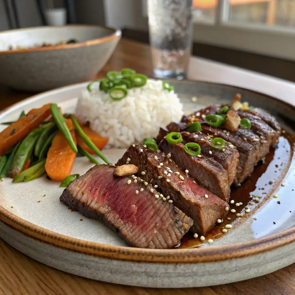 A close-up of a perfectly plated thin-sliced beef dish with a caramelized sear, garnished with sesame seeds and green onions, served with steamed white rice and sautéed vegetables on a rustic ceramic plate.