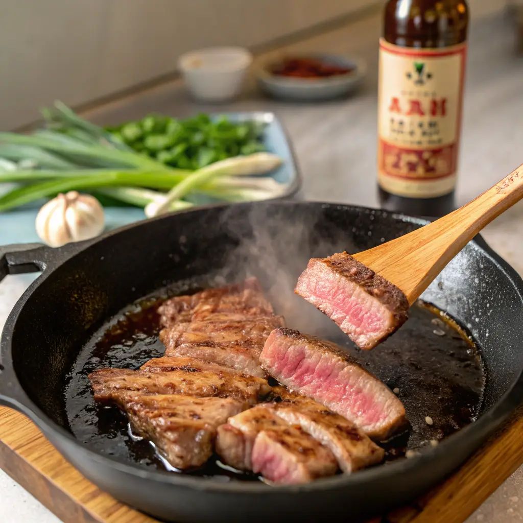 Thin-sliced beef sizzling in a cast iron pan, with a deep golden-brown sear, steam rising, and a wooden spatula flipping a slice.
