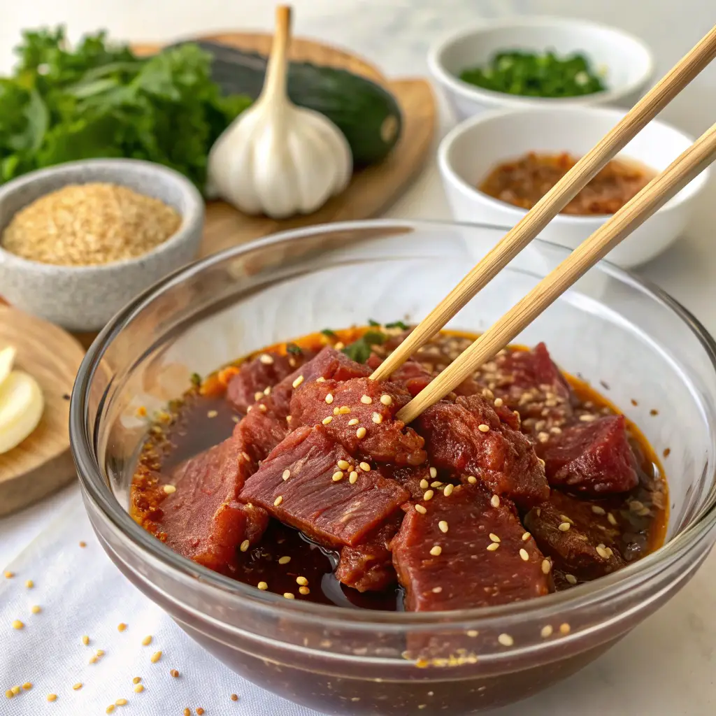 Thin-sliced beef marinating in a glass bowl, coated in a rich soy sauce-based marinade with garlic and ginger, being mixed with wooden chopsticks