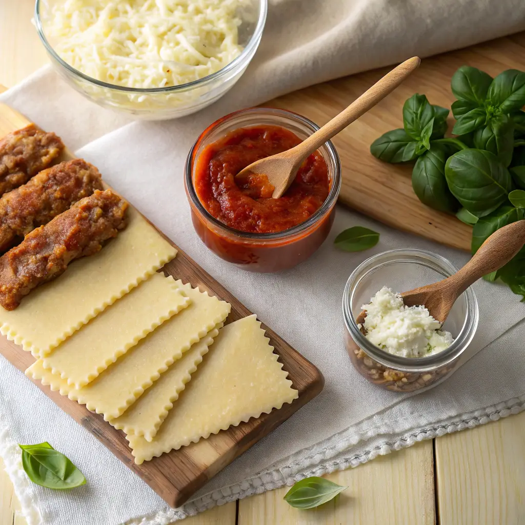 Close-up of ingredients for cheese sausage lasagna rolls, including lasagna sheets, browned sausage, ricotta, shredded mozzarella, and tomato sauce on a wooden countertop.