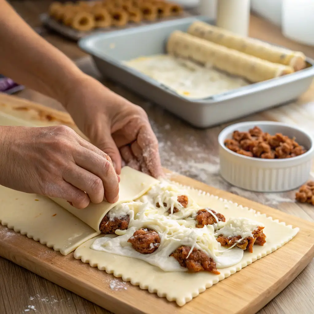 Hands rolling a cheese sausage lasagna roll with ricotta, sausage, and mozzarella on a wooden board, with a baking dish of prepared rolls in the background.
