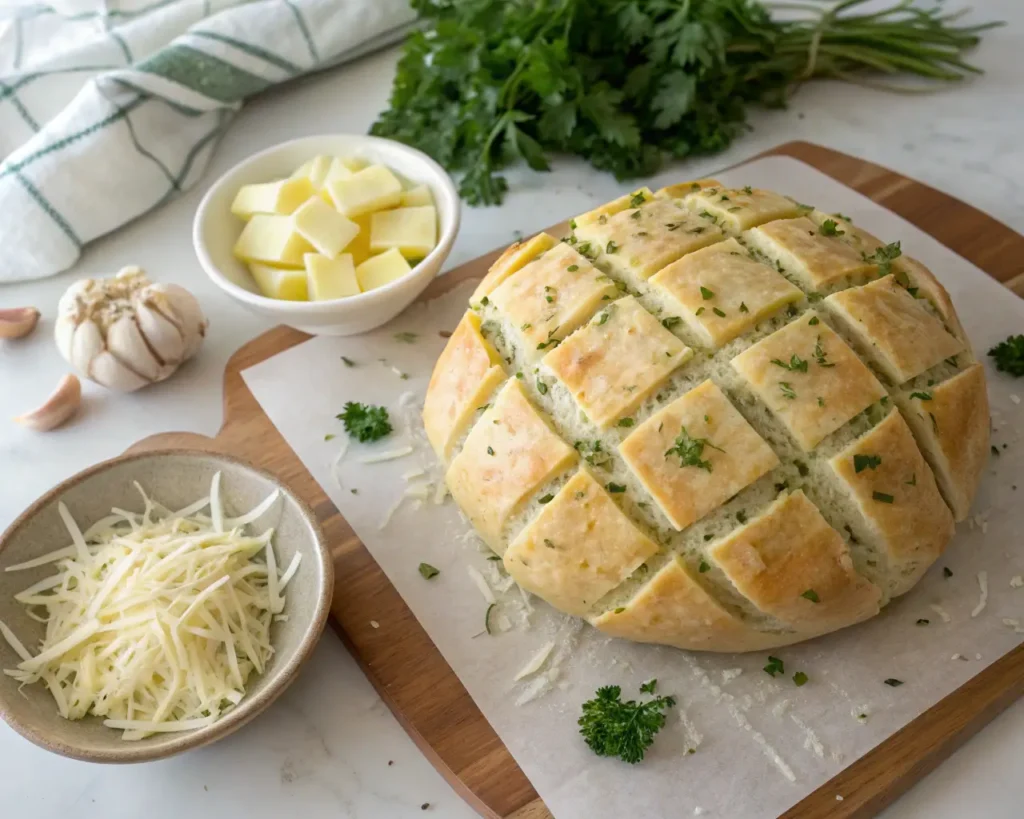 Unbaked cheesy garlic pull apart bread with a grid pattern, stuffed with mozzarella, brushed with garlic butter, and parsley on a kitchen countertop.