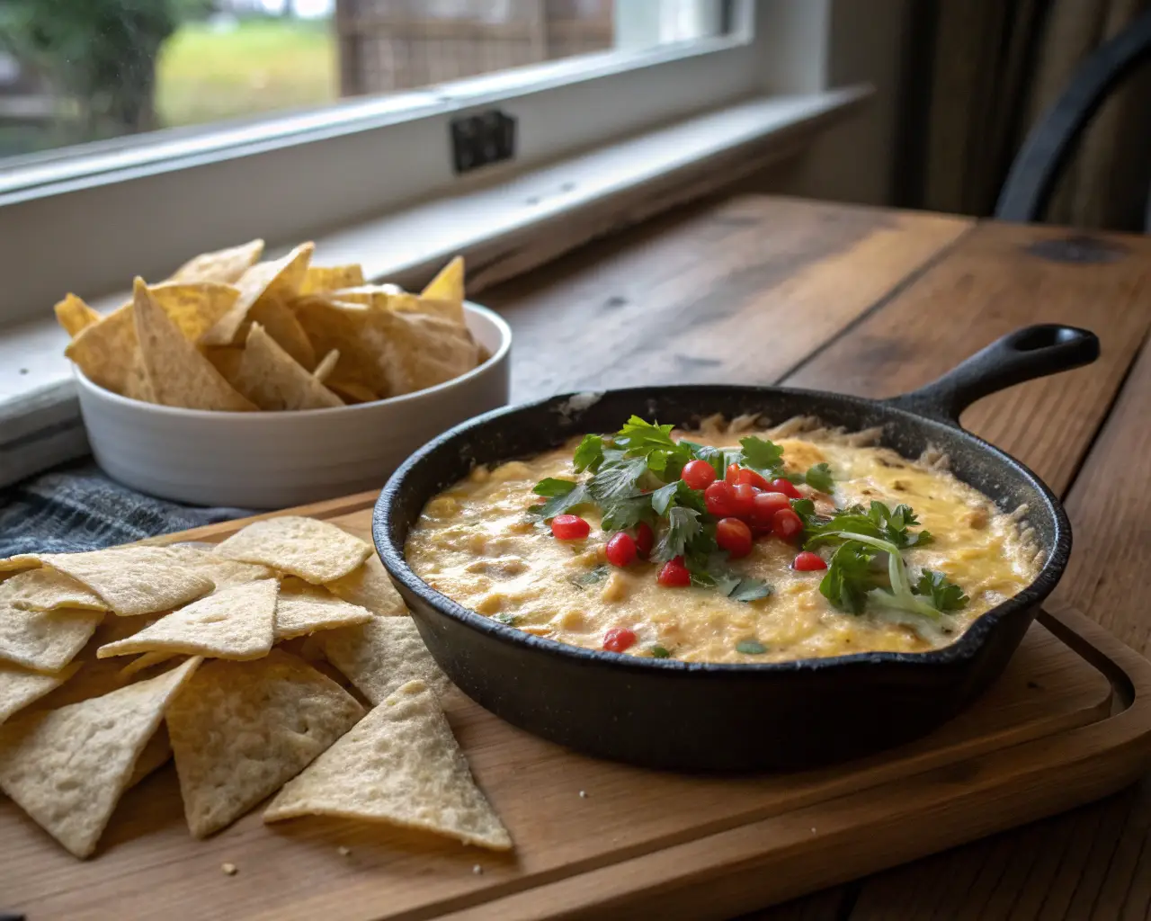 Freshly made Mexican corn dip with cream cheese served in a cast-iron skillet, garnished with cilantro and surrounded by tortilla chips