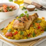 Delicious plate of chicken and yellow rice with vibrant vegetables, garnished with fresh herbs and a lemon wedge, showcasing a flavorful and colorful meal.