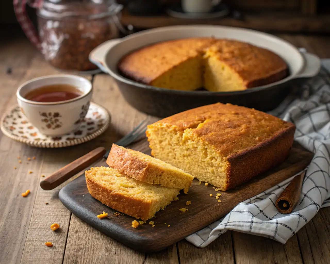 Freshly baked sweet potato cornbread sliced to reveal its moist interior, served on a rustic wooden table with cozy kitchen details.